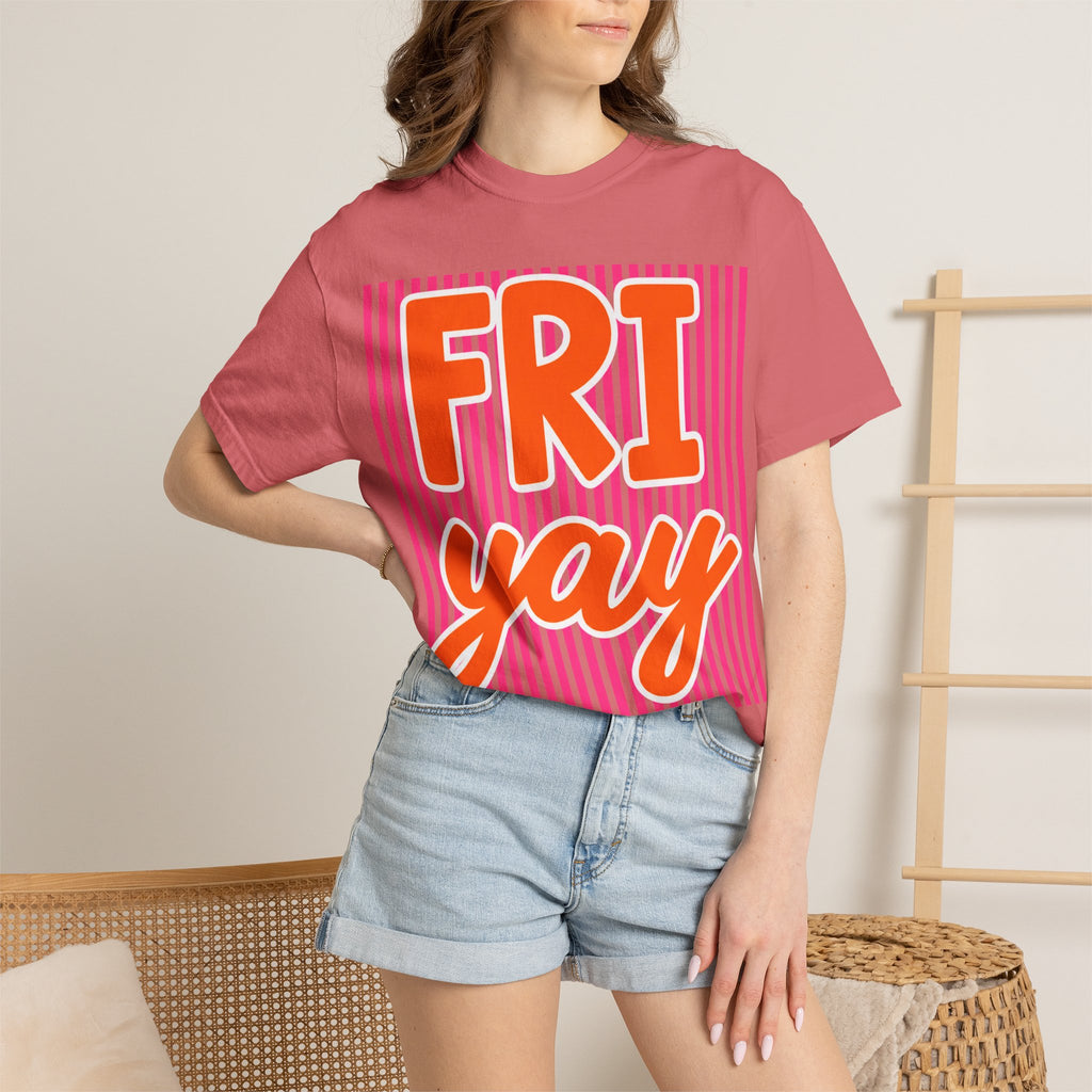 FRI yay T-shirt | Bright Retro Text, Pink Stripes