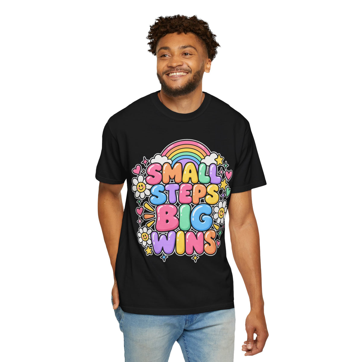 Small Steps Big Wins T-shirt | Retro Rainbow Positive Graphic