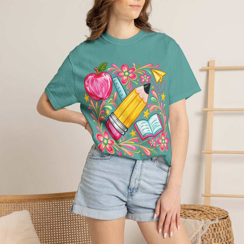 School Supplies Pencil Apple Floral T-shirt | Teacher Student Back to School