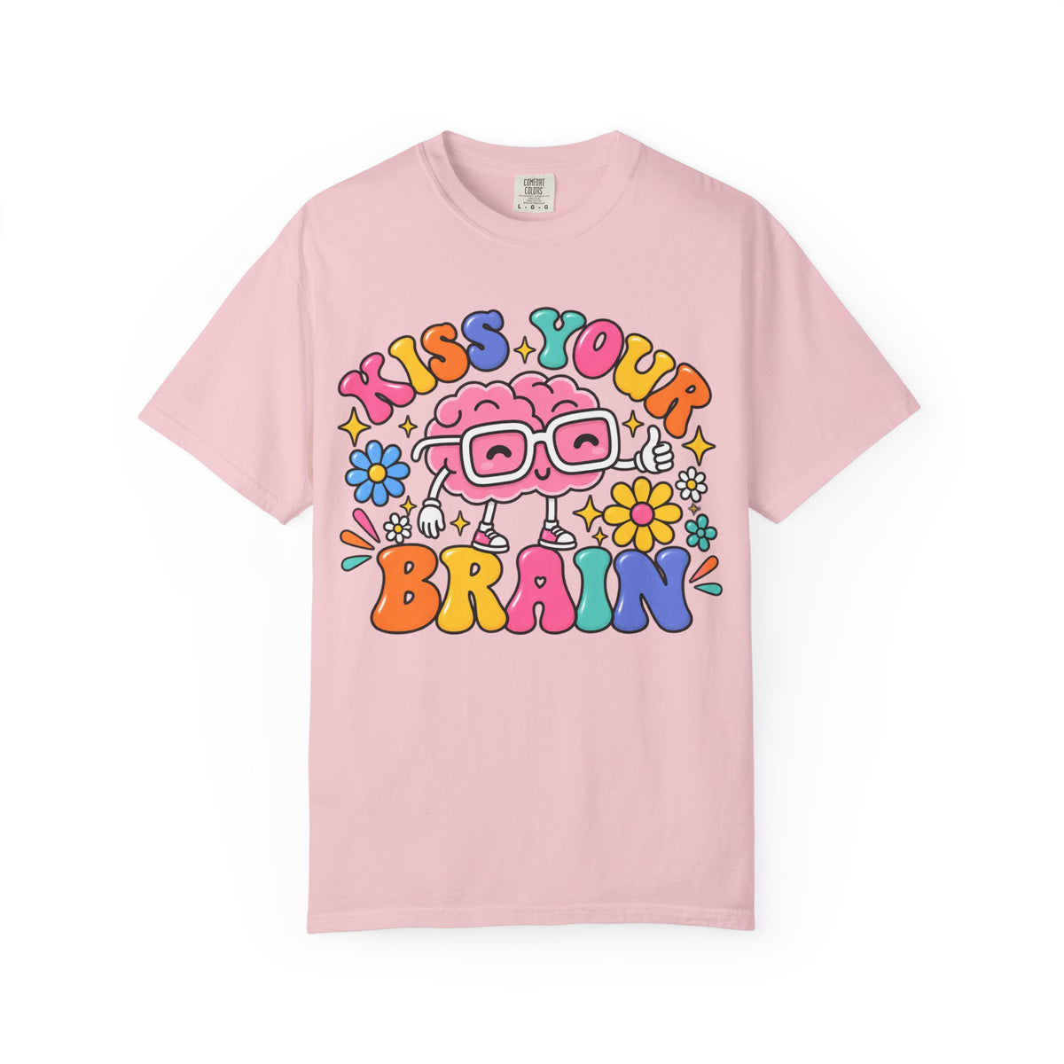 Kiss Your Brain BRI TEE | T-Shirt, Retro Cartoon Brain with Flowers
