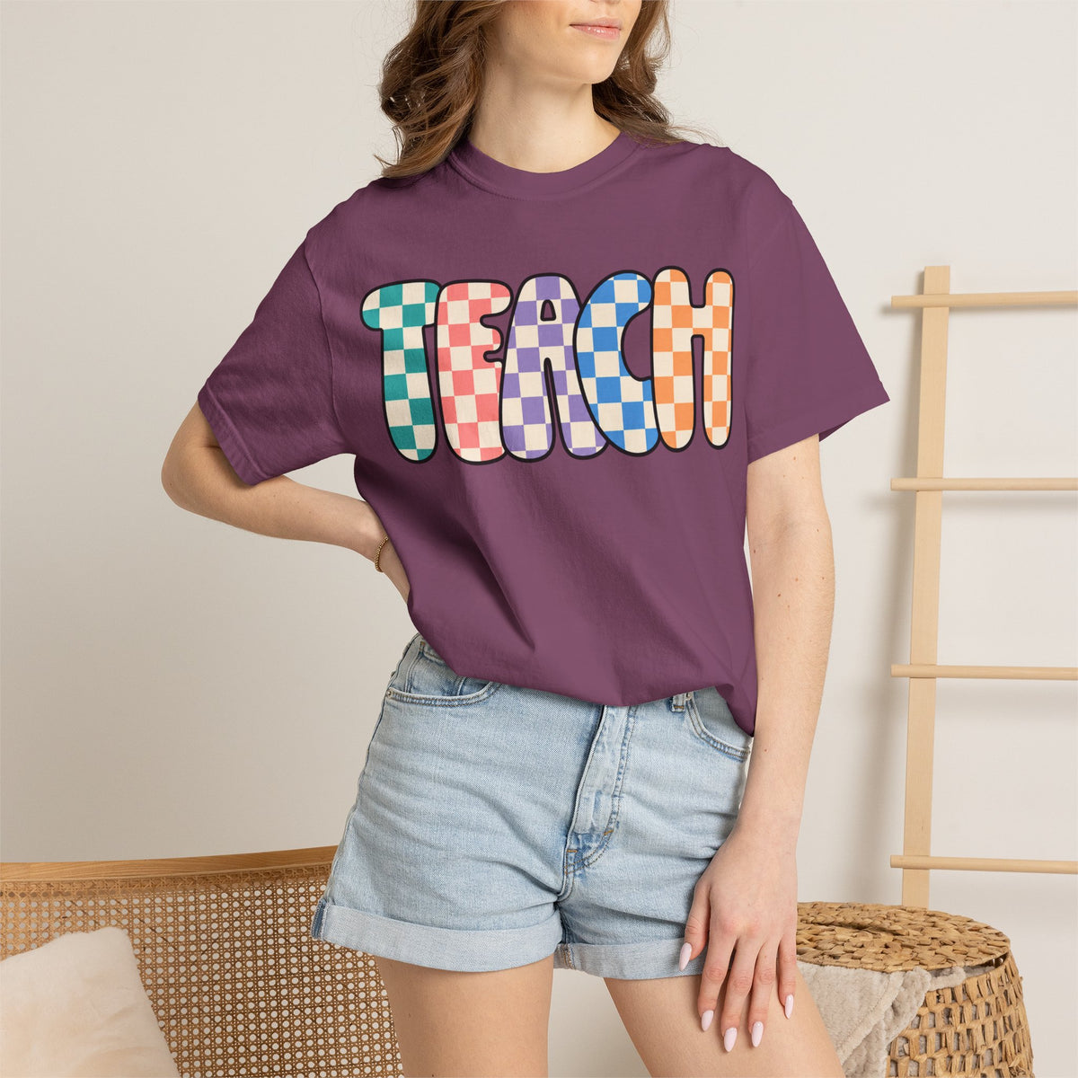 Teach Bubble Letters Checkerboard T-Shirt | Colorful Retro School Tee
