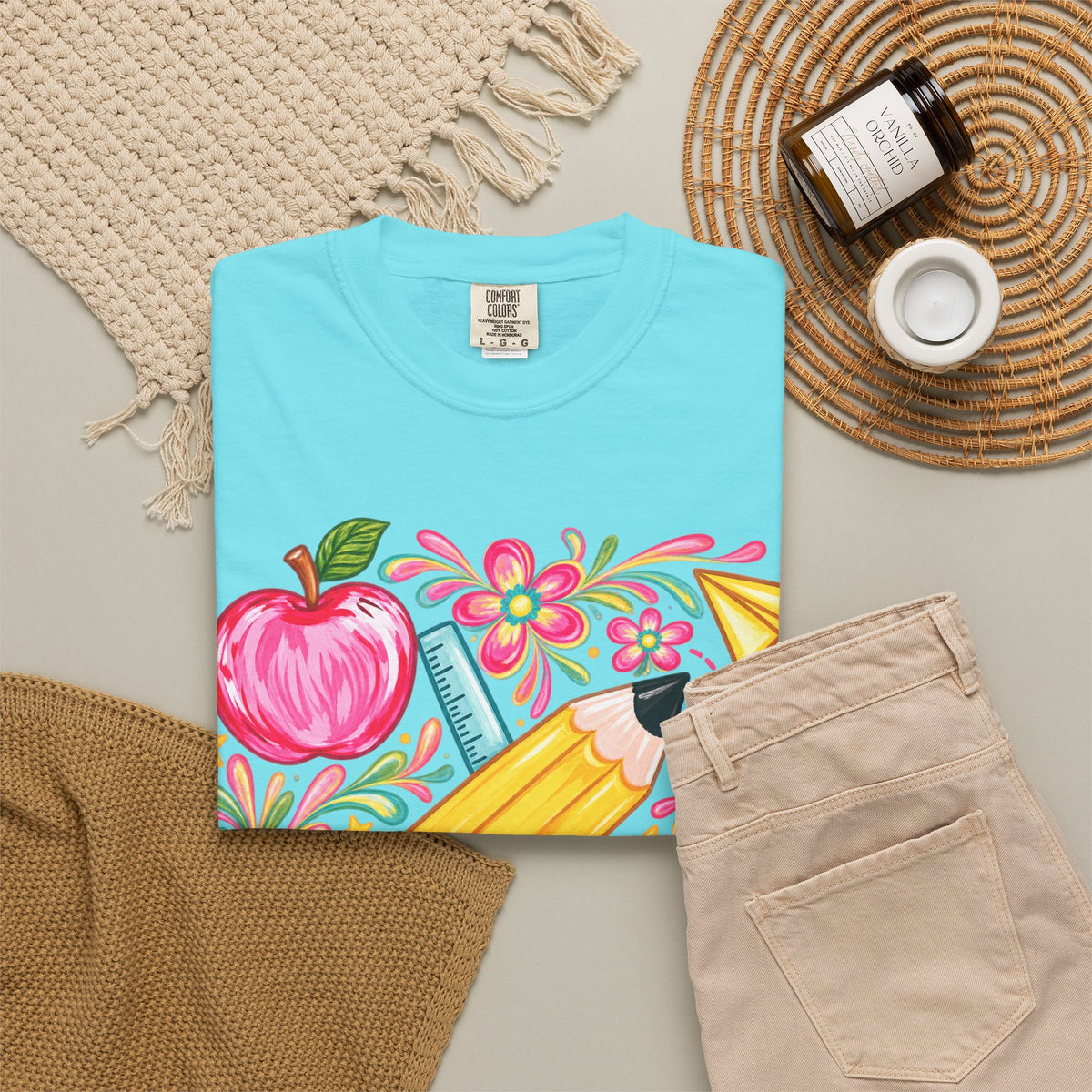 School Supplies Pencil Apple Floral T-shirt | Teacher Student Back to School
