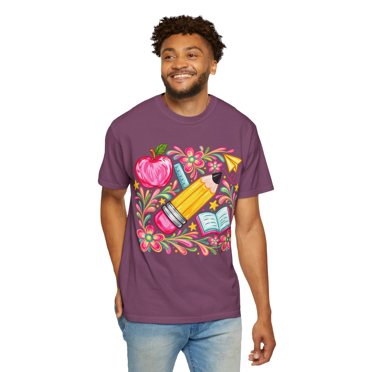 School Supplies Pencil Apple Floral T-shirt | Teacher Student Back to School