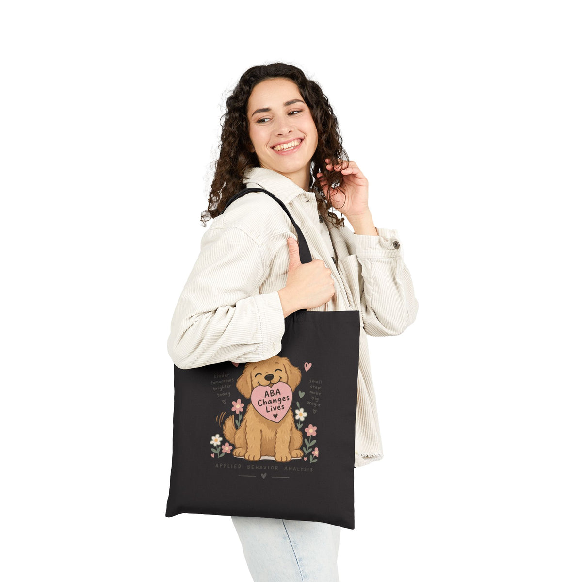 Golden Retriever Puppy Holding Heart tote bag | Cute Dog Illustration, Floral Accents