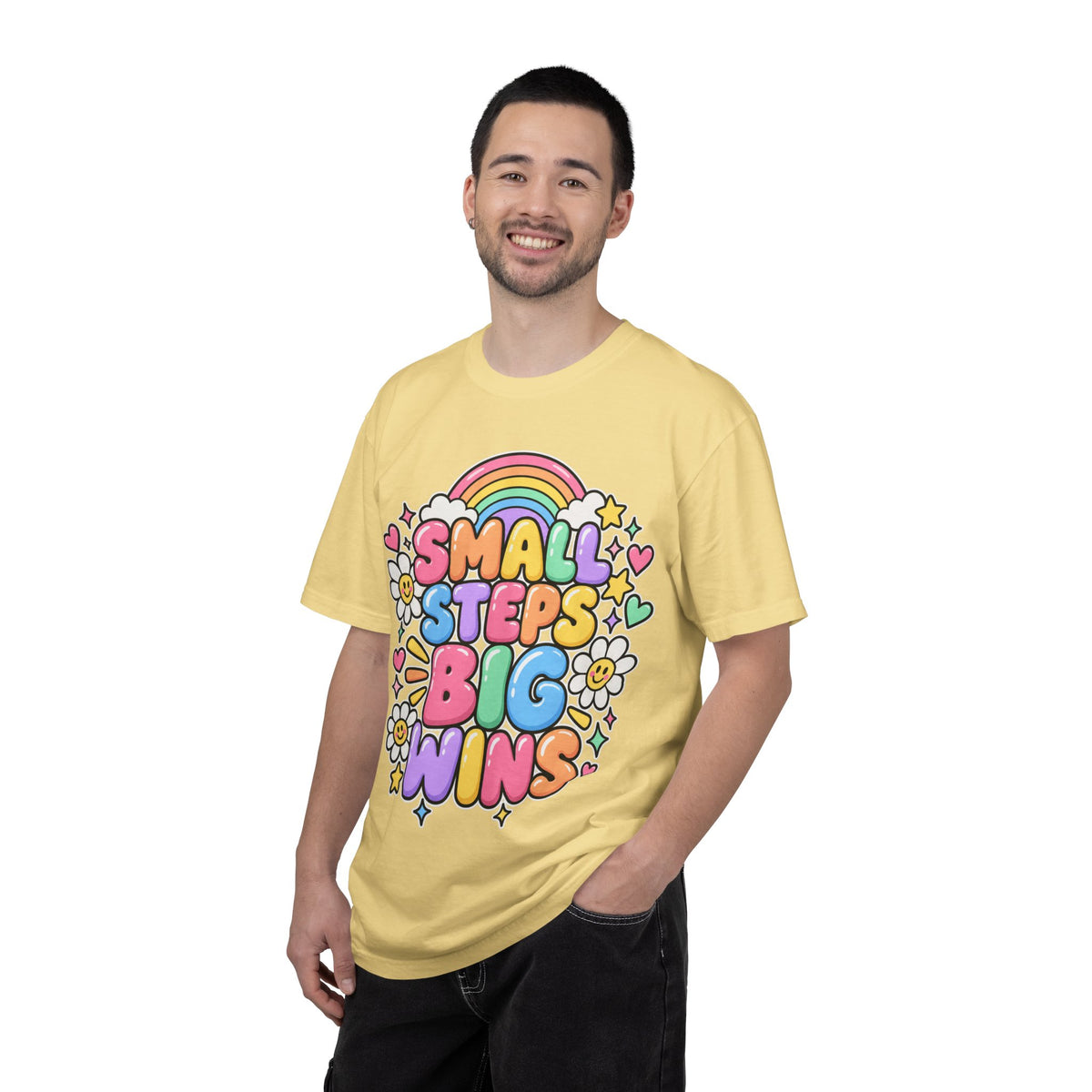 Small Steps Big Wins T-shirt | Retro Rainbow Positive Graphic