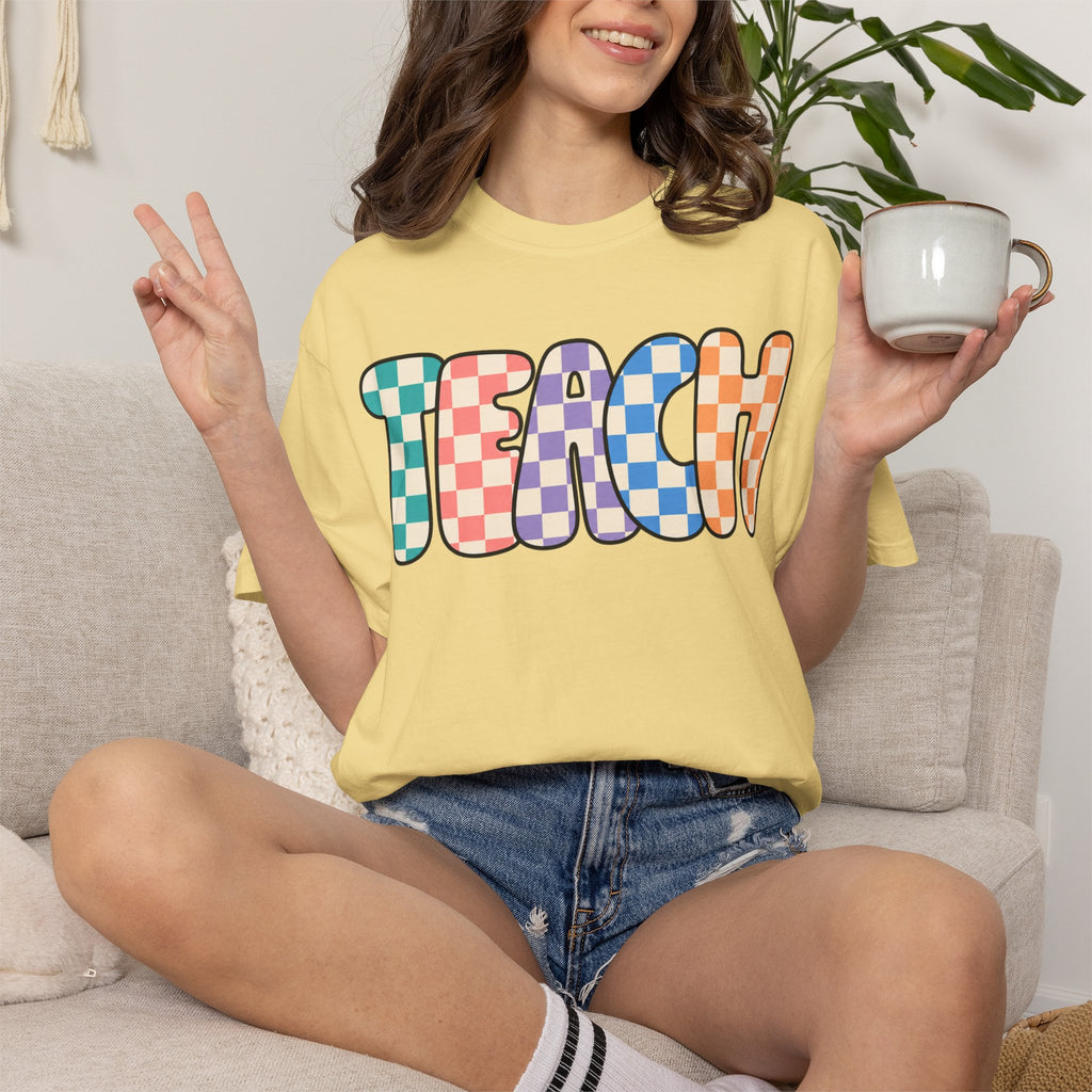 Teach Bubble Letters Checkerboard T-Shirt | Colorful Retro School Tee