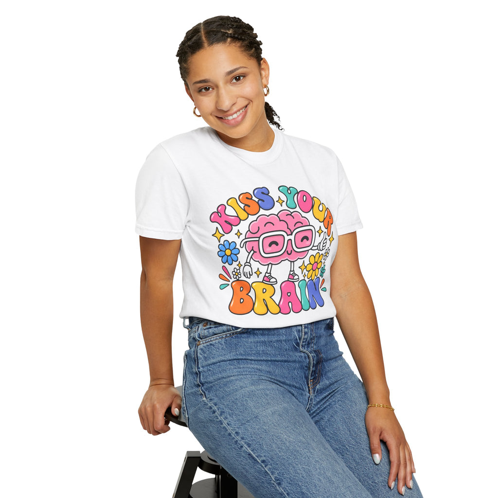 Kiss Your Brain BRI TEE | T-Shirt, Retro Cartoon Brain with Flowers