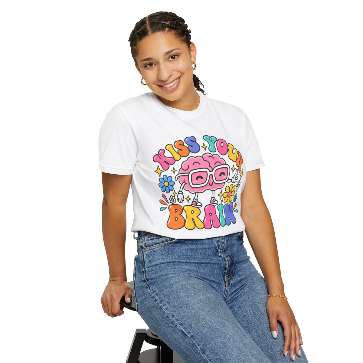 Kiss Your Brain BRI TEE | T-Shirt, Retro Cartoon Brain with Flowers