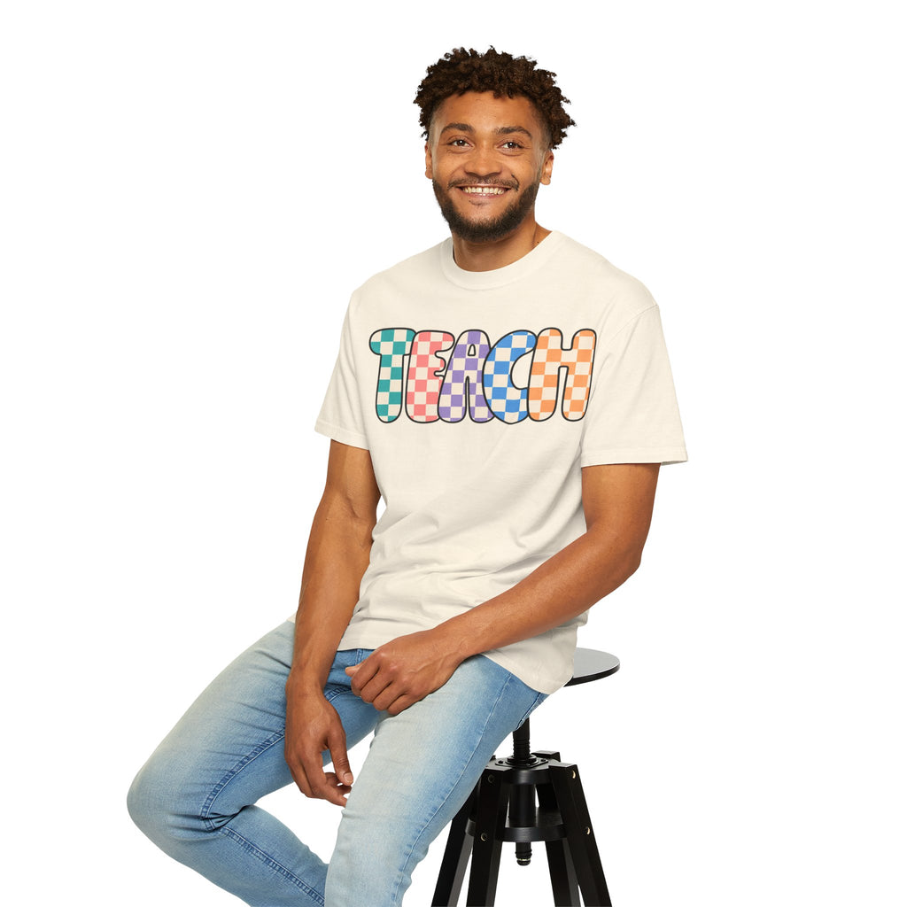 Teach Bubble Letters Checkerboard T-Shirt | Colorful Retro School Tee