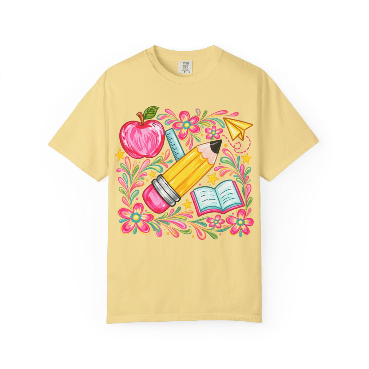 School Supplies Pencil Apple Floral T-shirt | Teacher Student Back to School