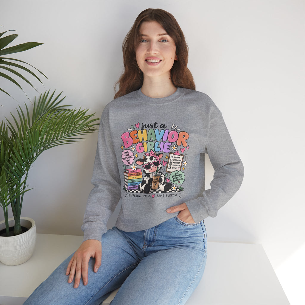 Just a Behavior Girl Crewneck Sweatshirt | Cute Cow Character, Books & Therapy Icons