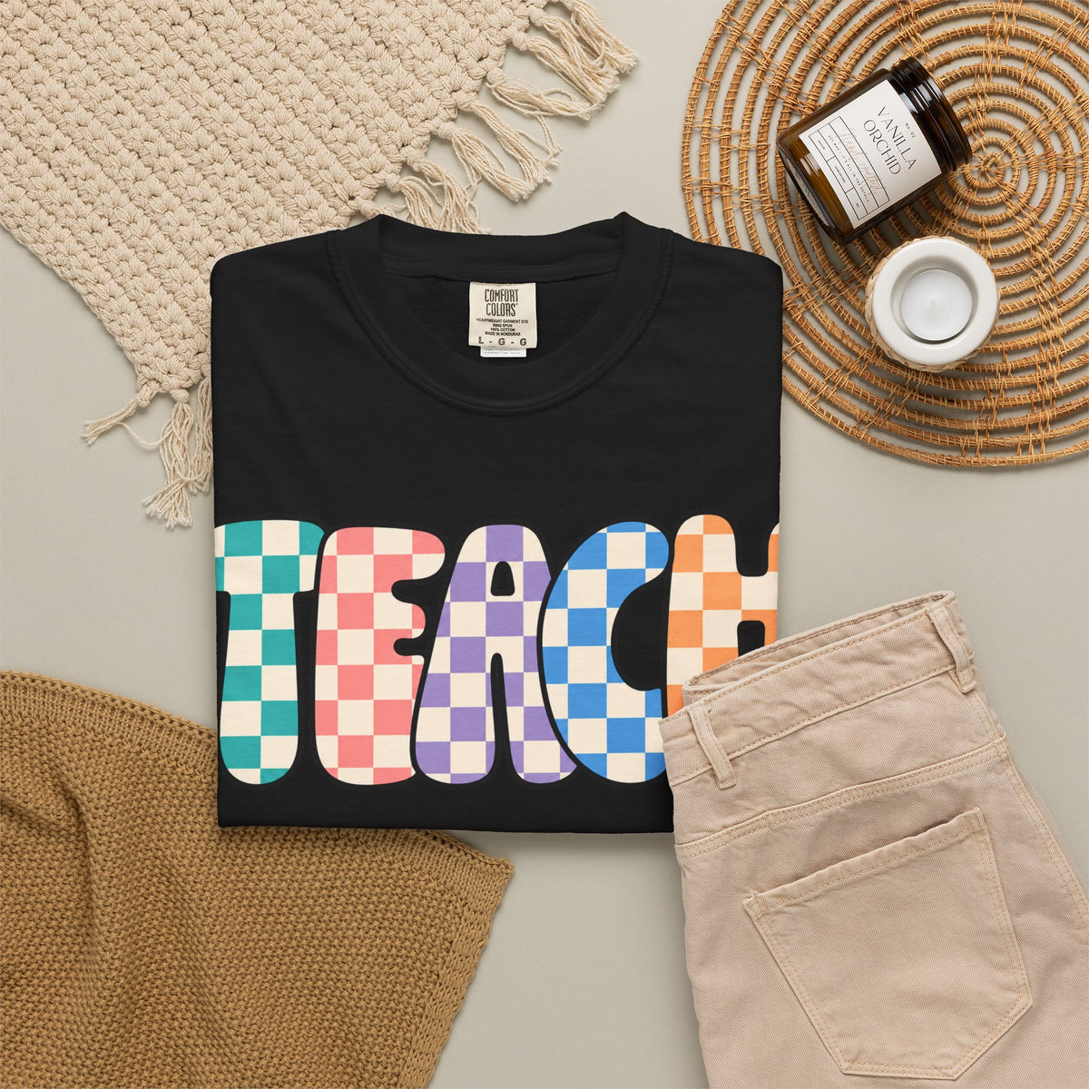 Teach Bubble Letters Checkerboard T-Shirt | Colorful Retro School Tee