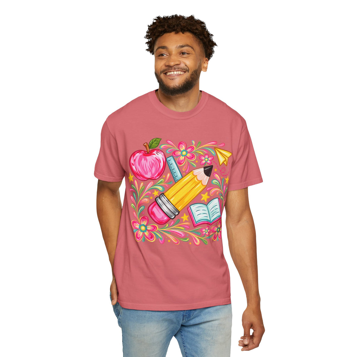 School Supplies Pencil Apple Floral T-shirt | Teacher Student Back to School