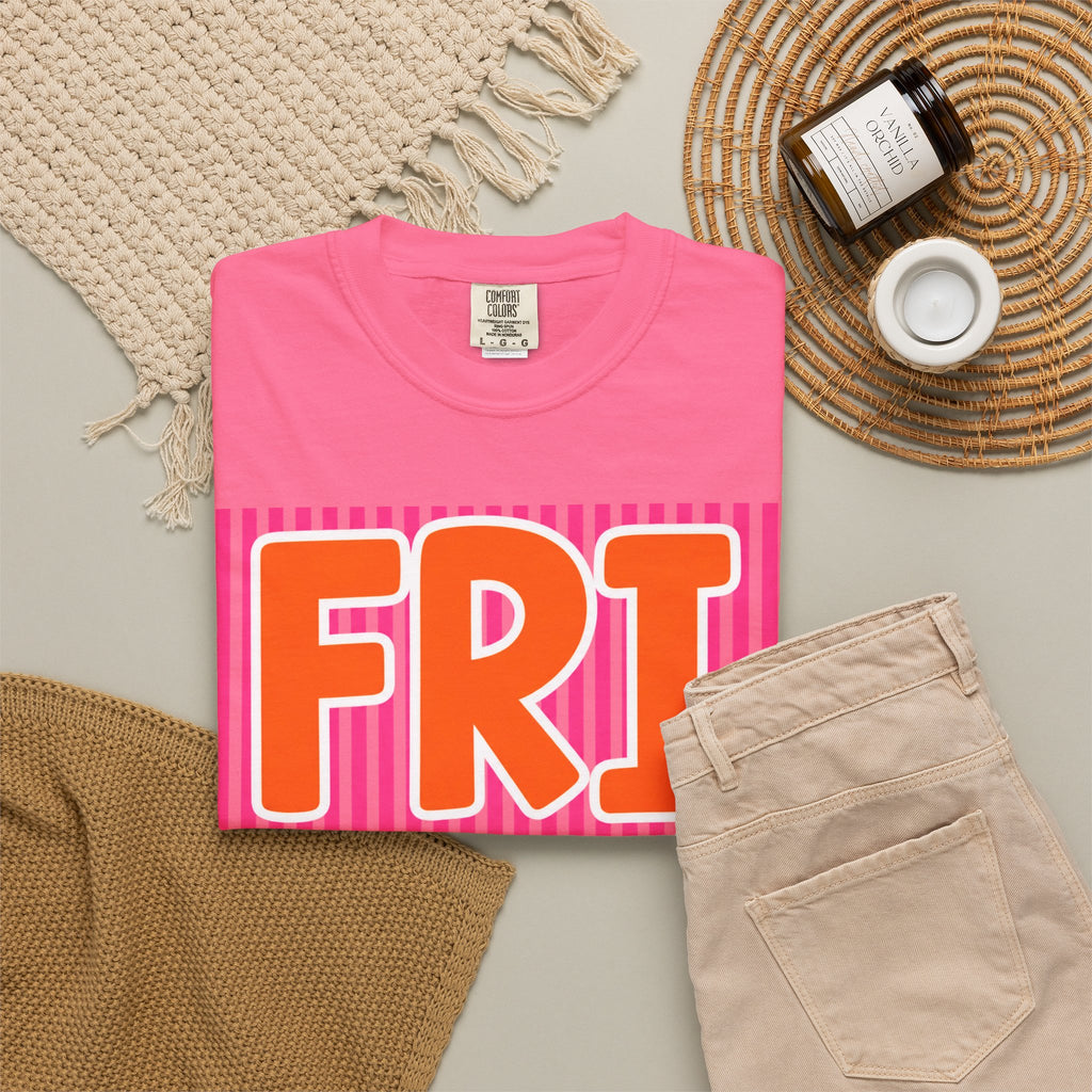 FRI yay T-shirt | Bright Retro Text, Pink Stripes