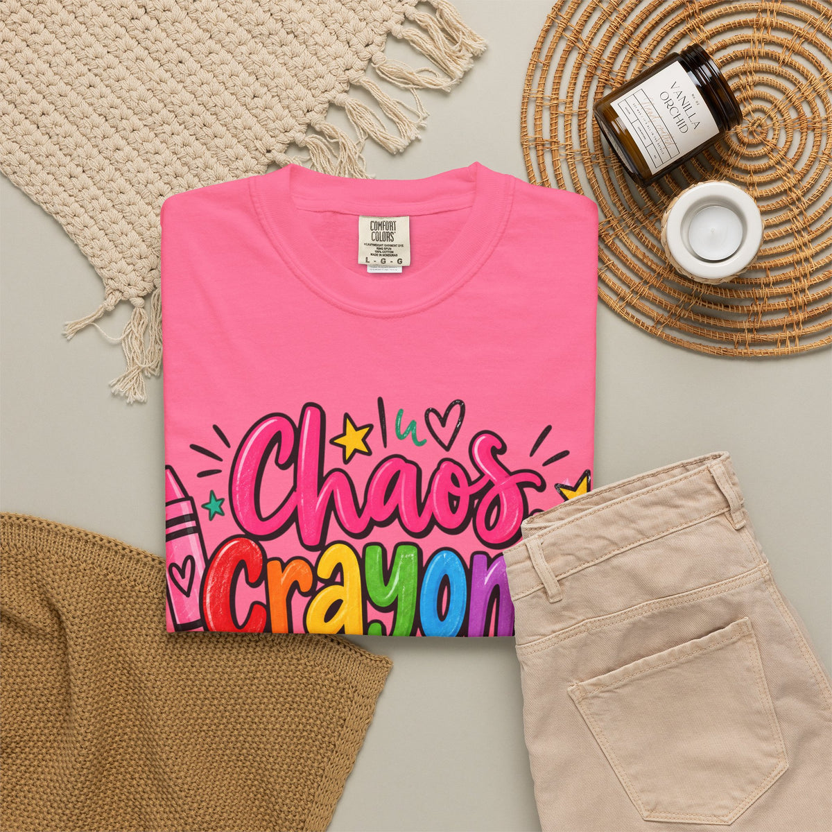 Chaos Crayons & Confidence T-shirt | Colorful Crayon School Art Tee