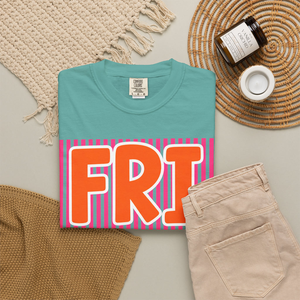 FRI yay T-shirt | Bright Retro Text, Pink Stripes