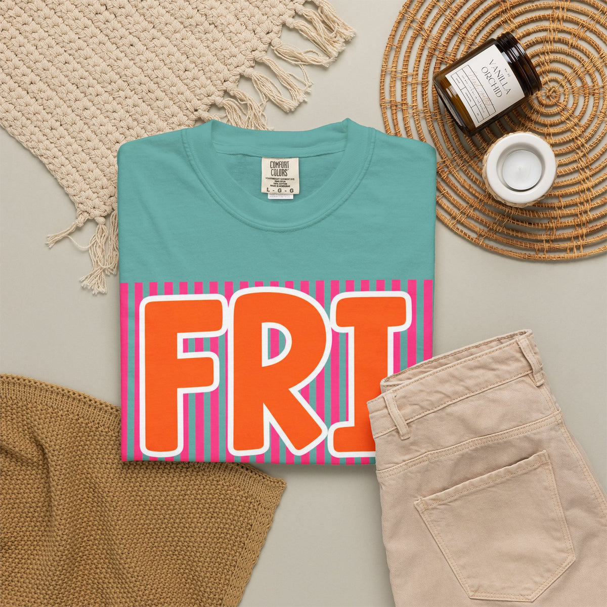 FRI yay T-shirt | Bright Retro Text, Pink Stripes