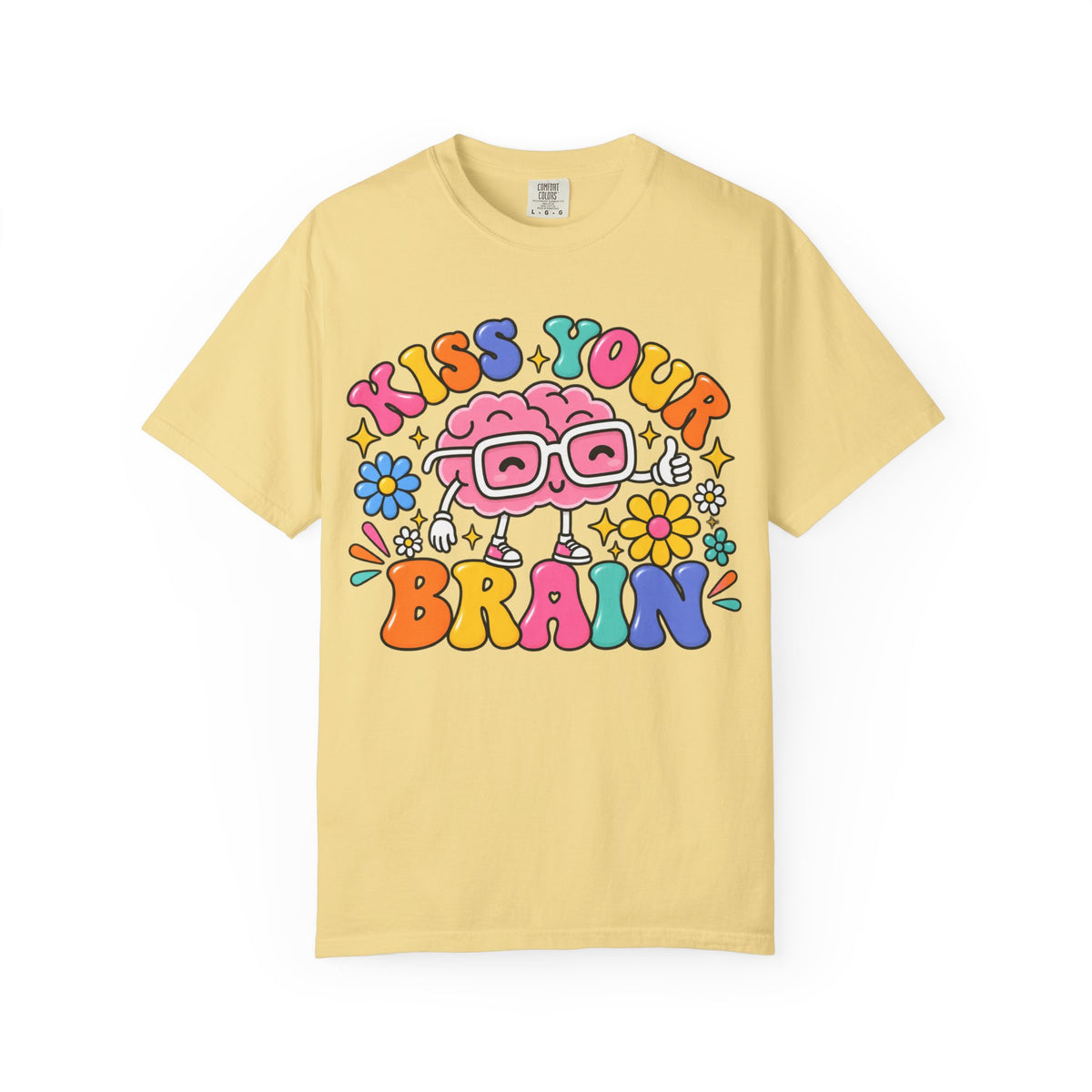 Kiss Your Brain BRI TEE | T-Shirt, Retro Cartoon Brain with Flowers