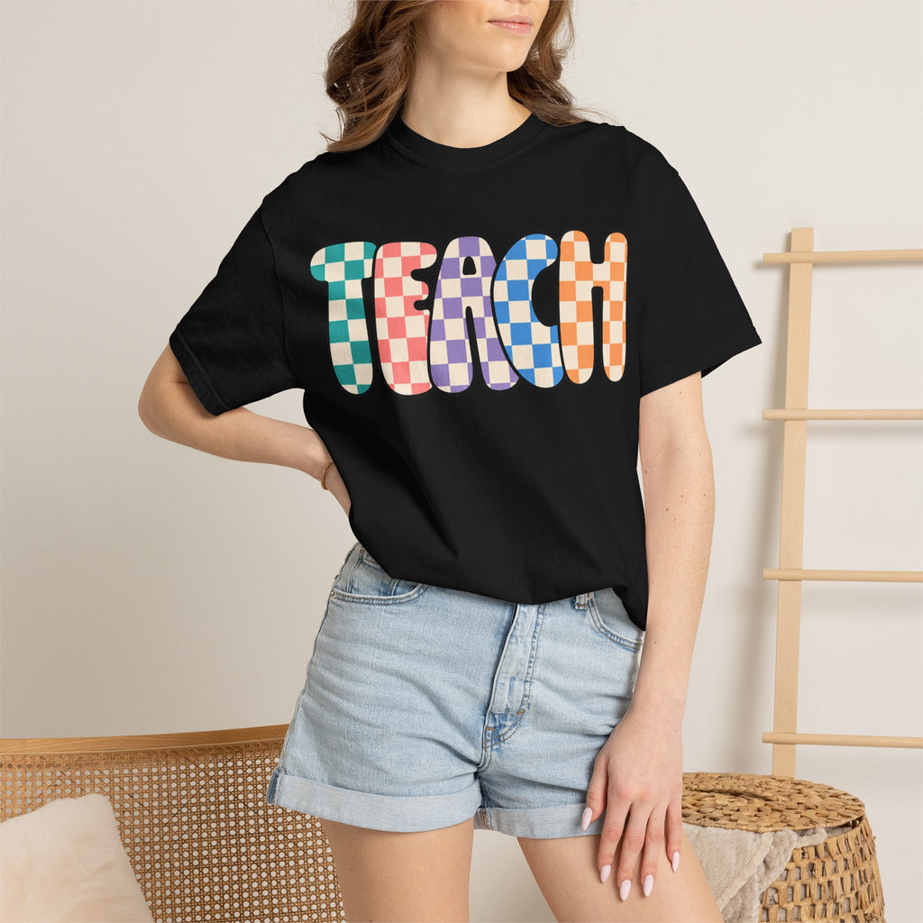 Teach Bubble Letters Checkerboard T-Shirt | Colorful Retro School Tee