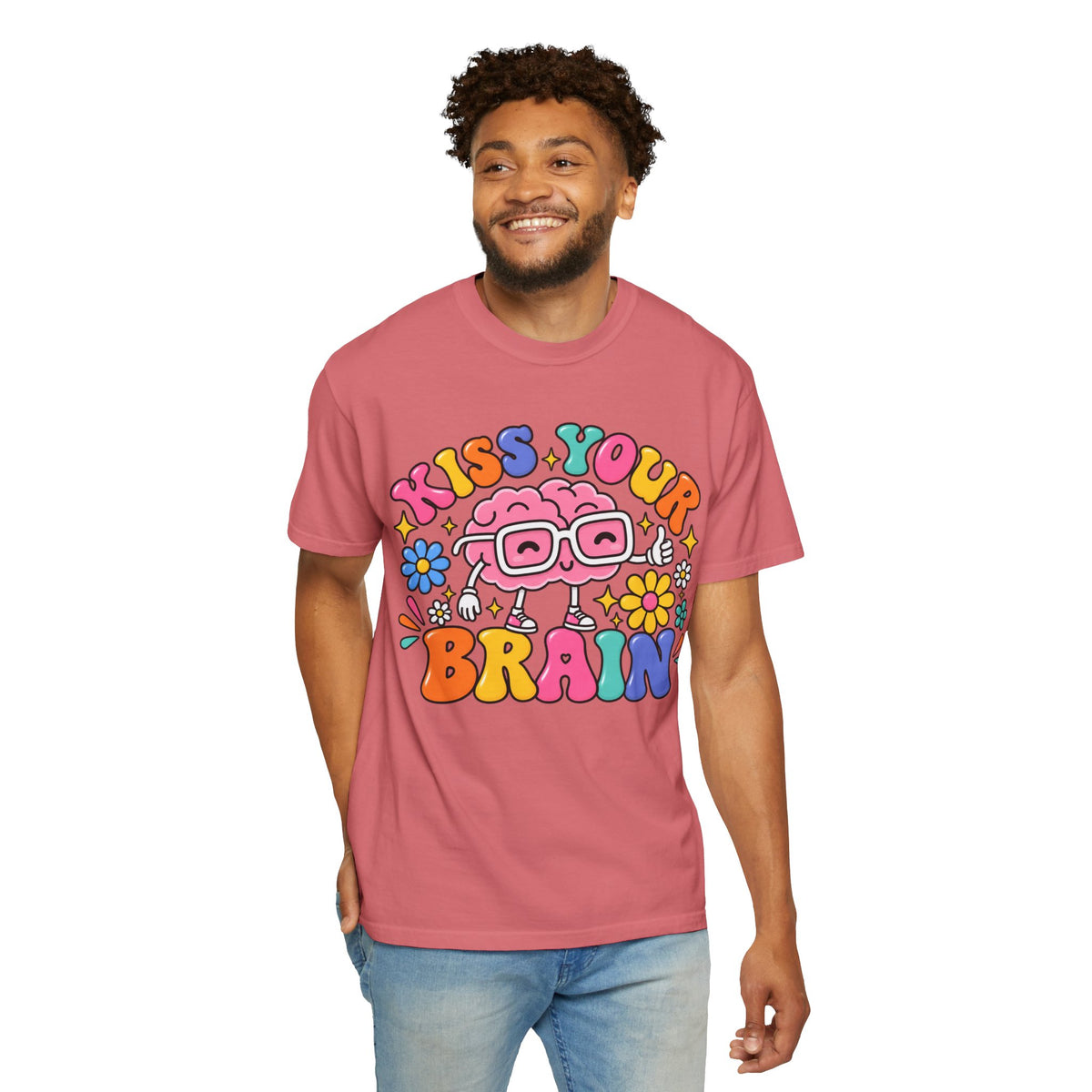 Kiss Your Brain BRI TEE | T-Shirt, Retro Cartoon Brain with Flowers