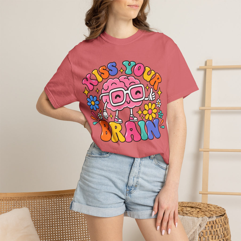 Kiss Your Brain BRI TEE | T-Shirt, Retro Cartoon Brain with Flowers