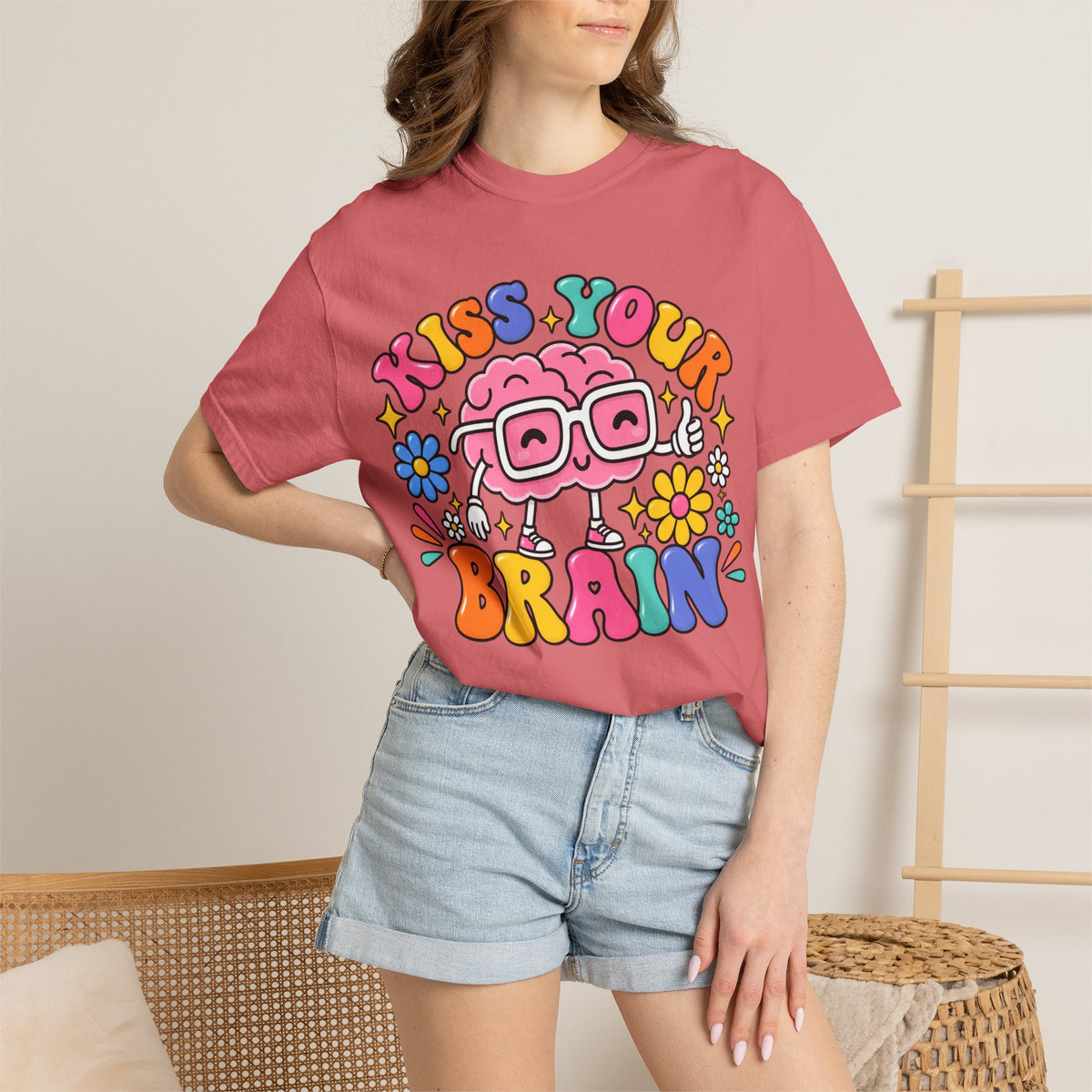 Kiss Your Brain BRI TEE | T-Shirt, Retro Cartoon Brain with Flowers