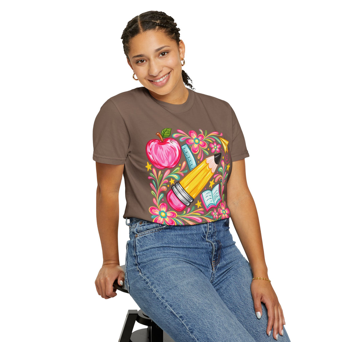 School Supplies Pencil Apple Floral T-shirt | Teacher Student Back to School