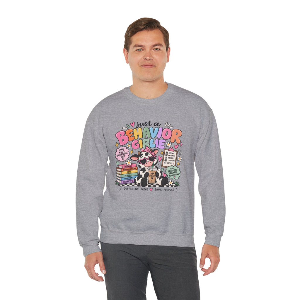 Just a Behavior Girl Crewneck Sweatshirt | Cute Cow Character, Books & Therapy Icons