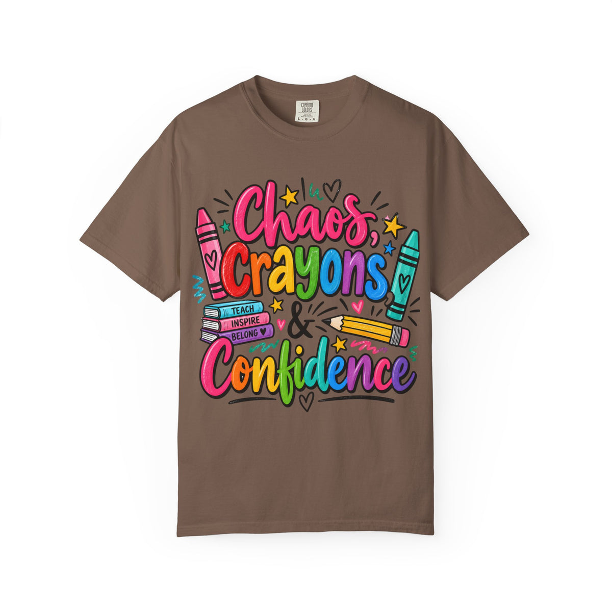 Chaos Crayons & Confidence T-shirt | Colorful Crayon School Art Tee