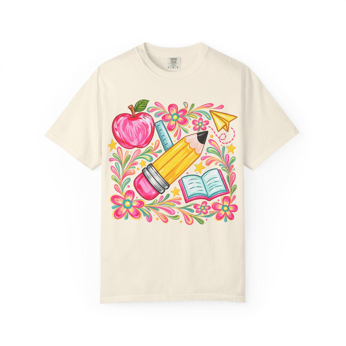School Supplies Pencil Apple Floral T-shirt | Teacher Student Back to School