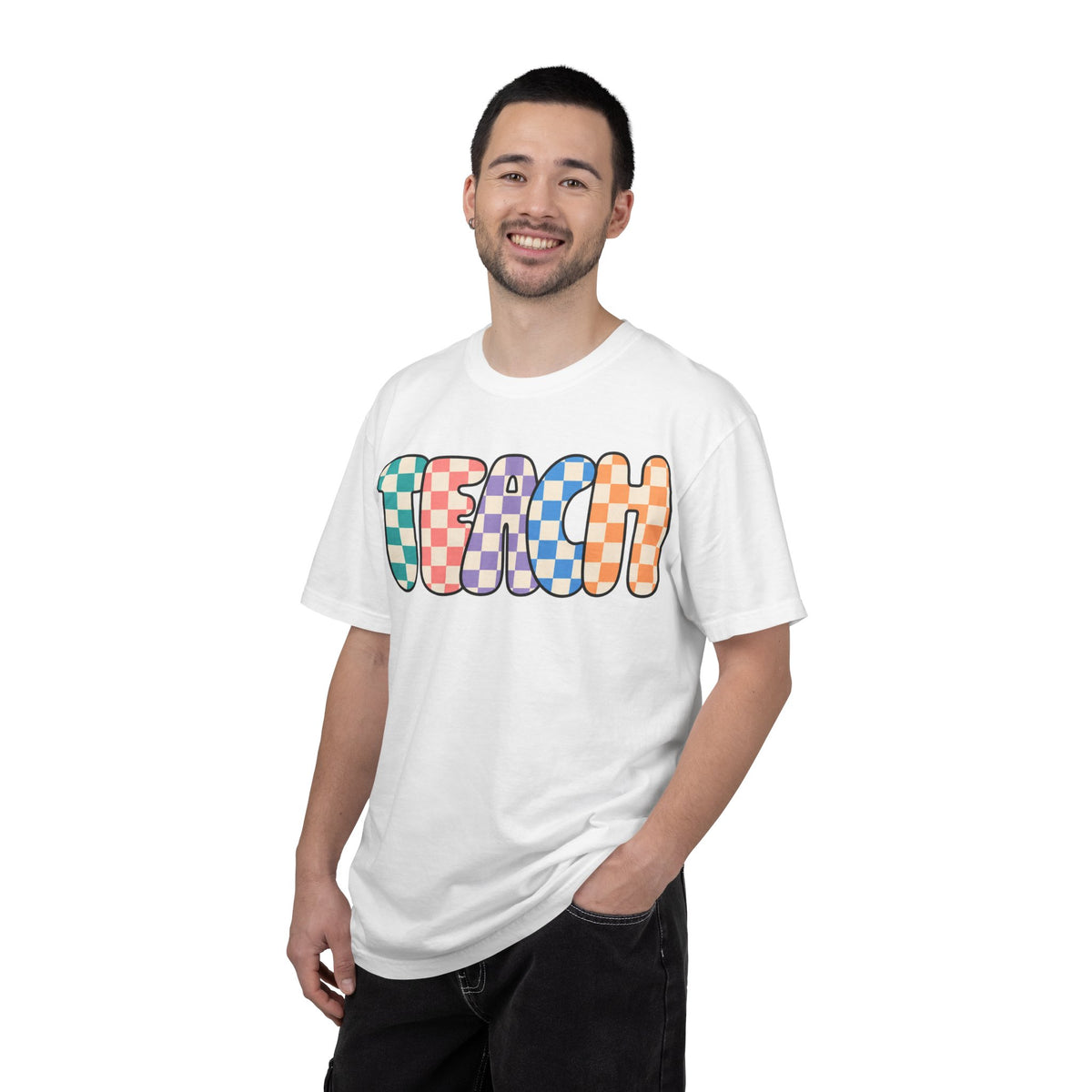 Teach Bubble Letters Checkerboard T-Shirt | Colorful Retro School Tee