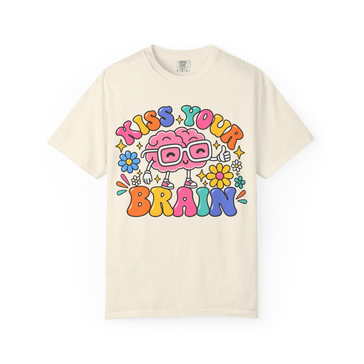 Kiss Your Brain BRI TEE | T-Shirt, Retro Cartoon Brain with Flowers