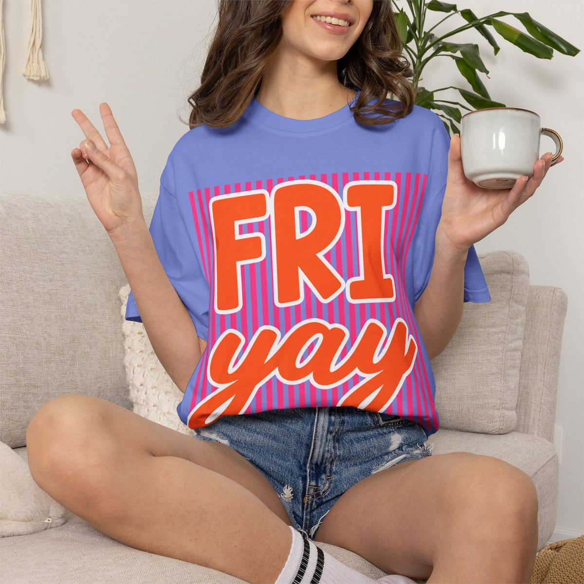 FRI yay T-shirt | Bright Retro Text, Pink Stripes