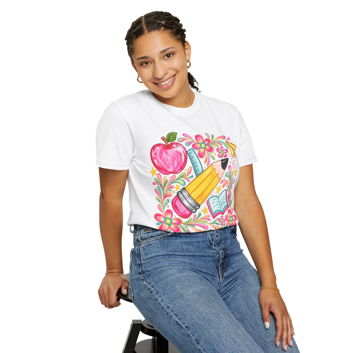School Supplies Pencil Apple Floral T-shirt | Teacher Student Back to School