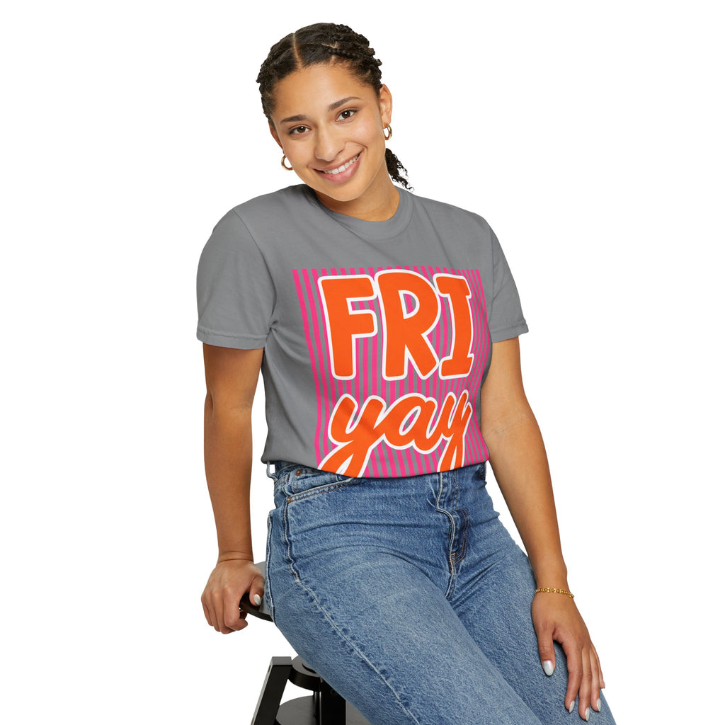 FRI yay T-shirt | Bright Retro Text, Pink Stripes