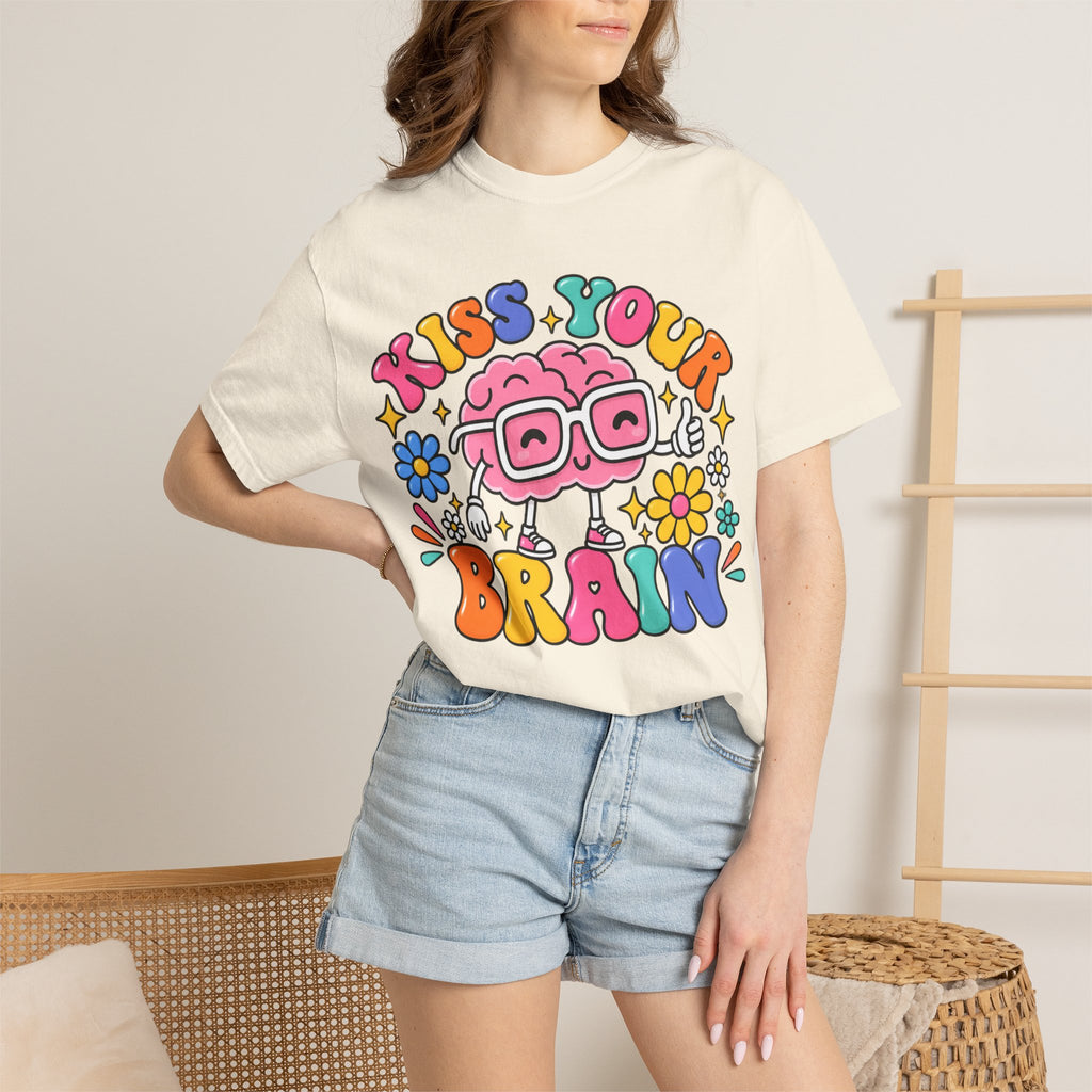 Kiss Your Brain BRI TEE | T-Shirt, Retro Cartoon Brain with Flowers