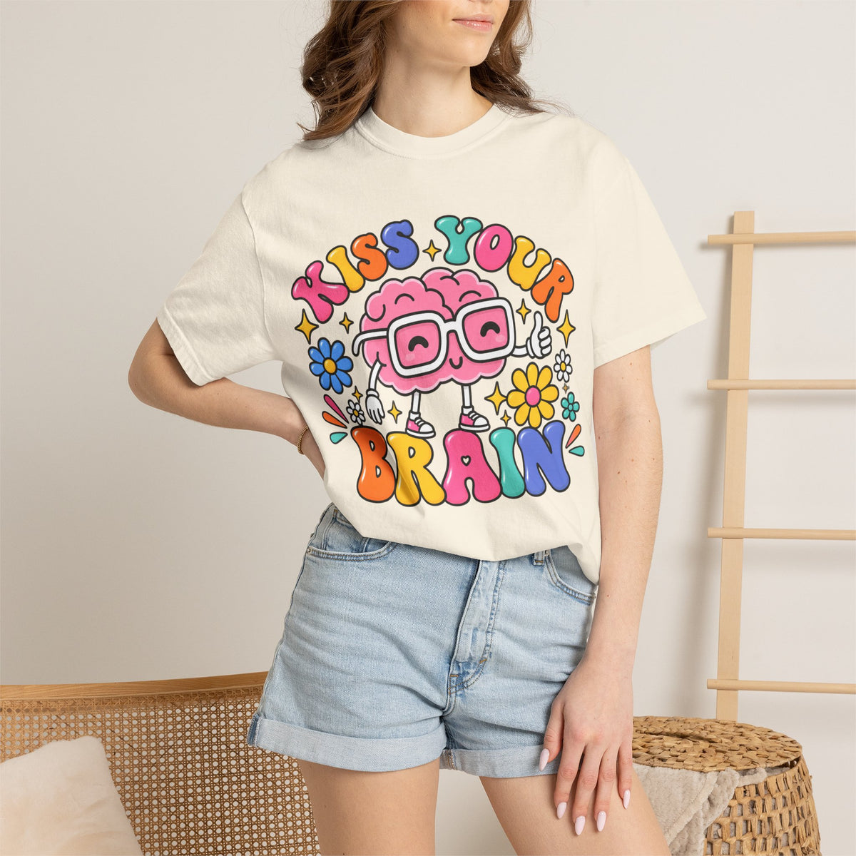 Kiss Your Brain BRI TEE | T-Shirt, Retro Cartoon Brain with Flowers