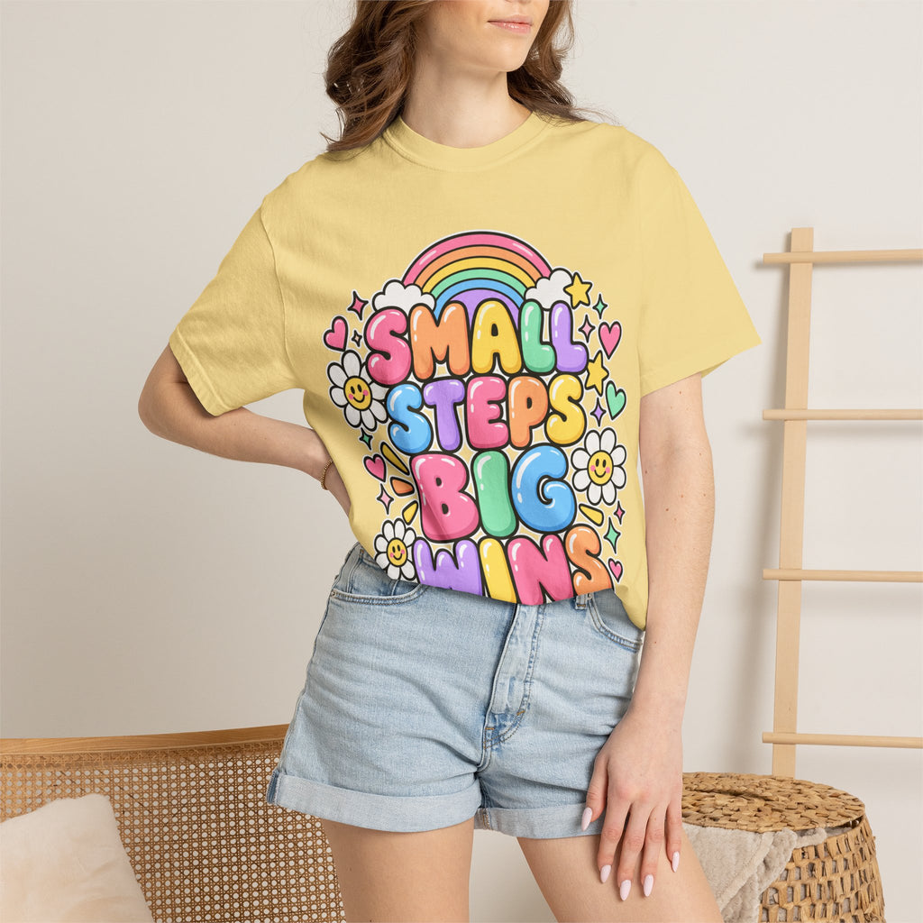Small Steps Big Wins T-shirt | Retro Rainbow Positive Graphic