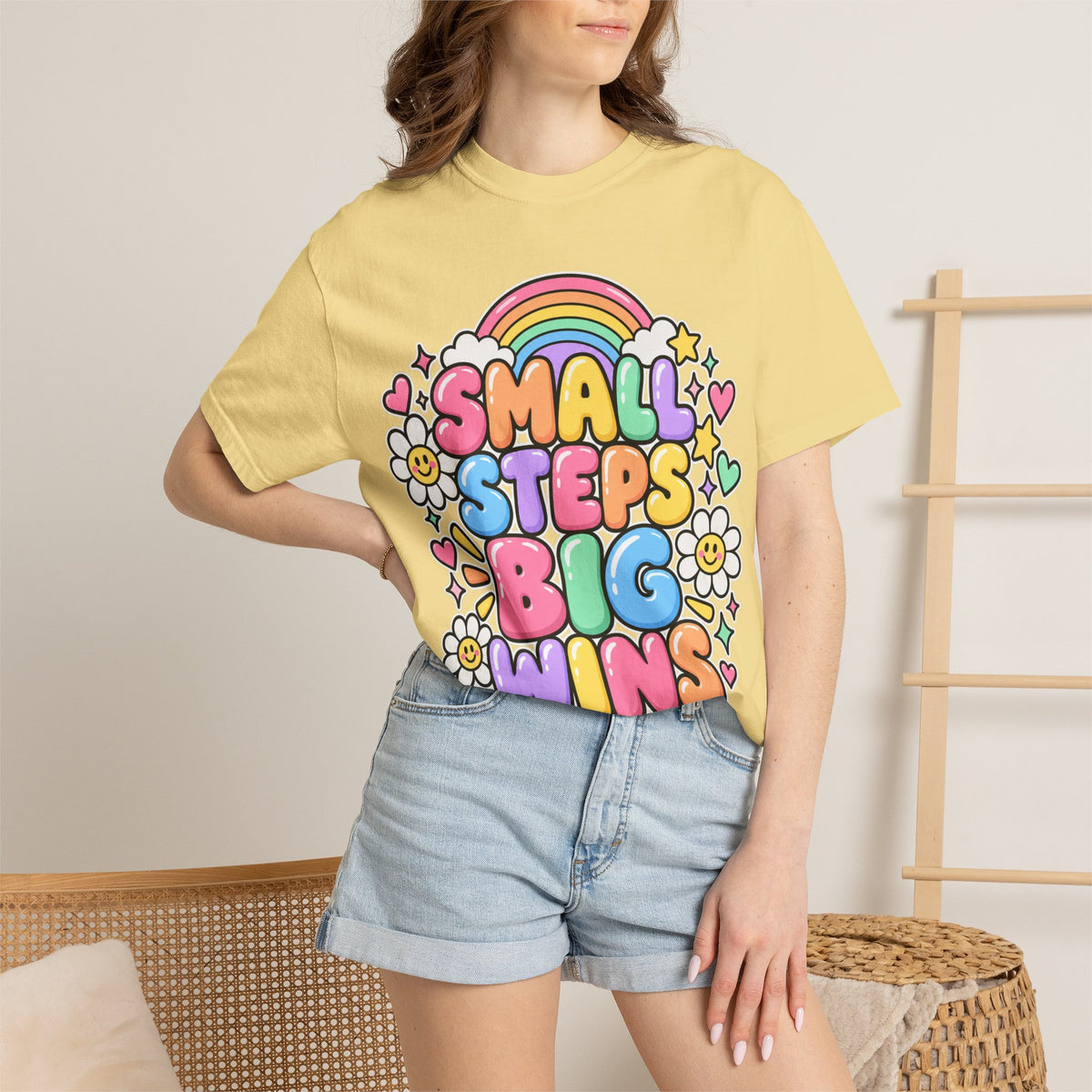 Small Steps Big Wins T-shirt | Retro Rainbow Positive Graphic