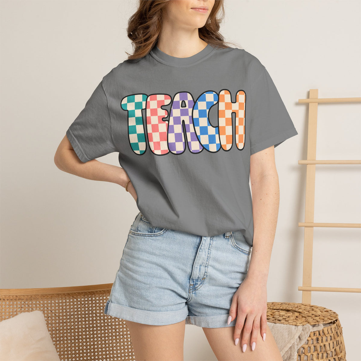Teach Bubble Letters Checkerboard T-Shirt | Colorful Retro School Tee