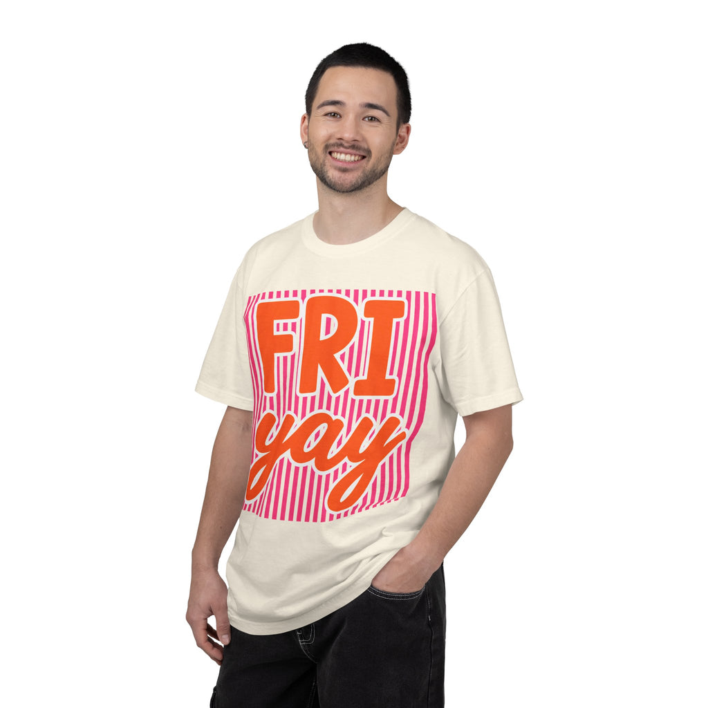 FRI yay T-shirt | Bright Retro Text, Pink Stripes