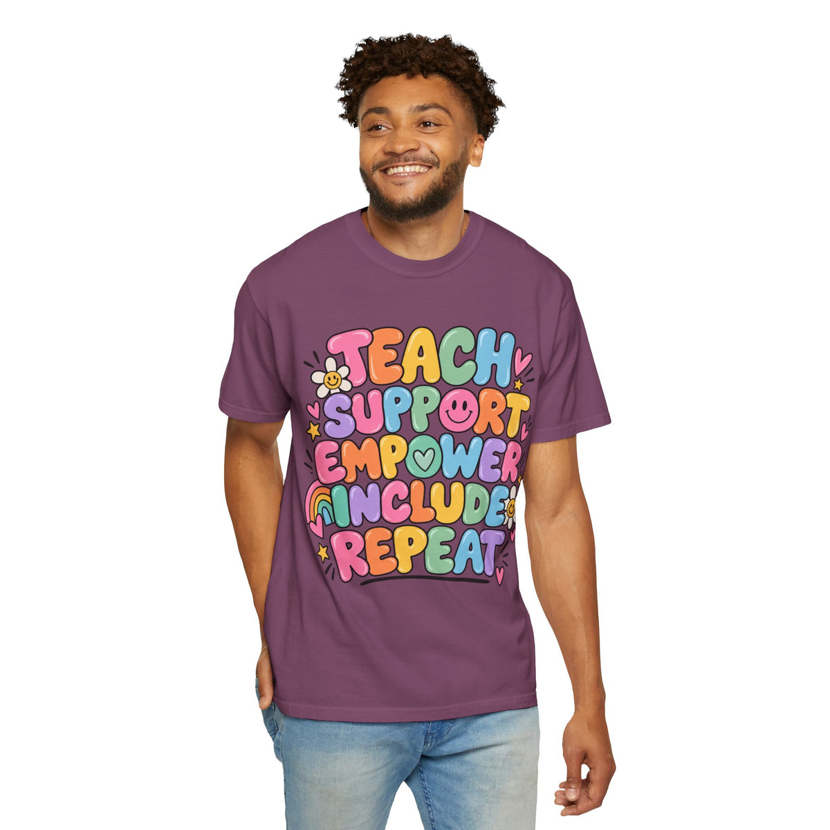 Teach Support Empower Include Repeat T-shirt | Rainbow Positivity Tee