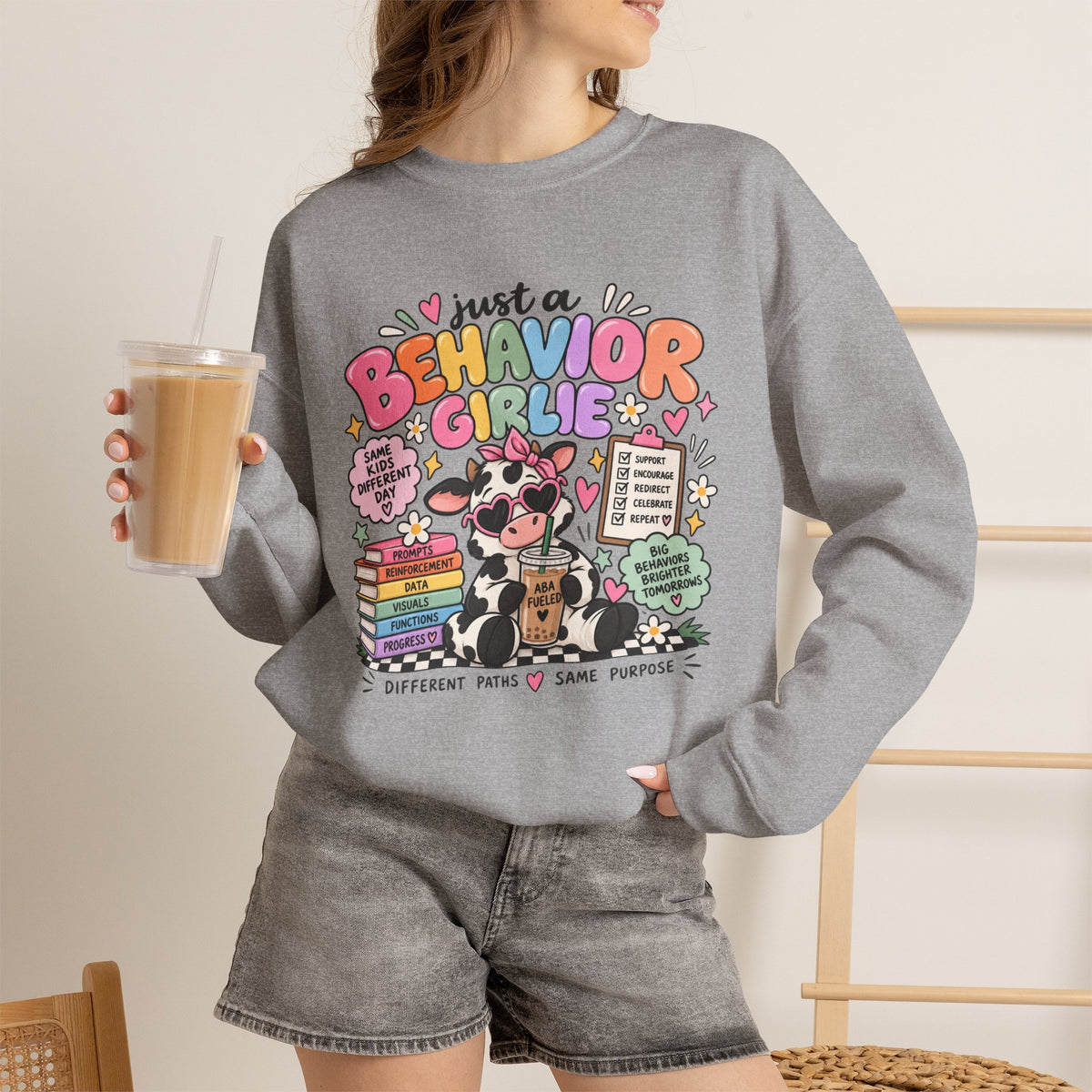Just a Behavior Girl Crewneck Sweatshirt | Cute Cow Character, Books & Therapy Icons