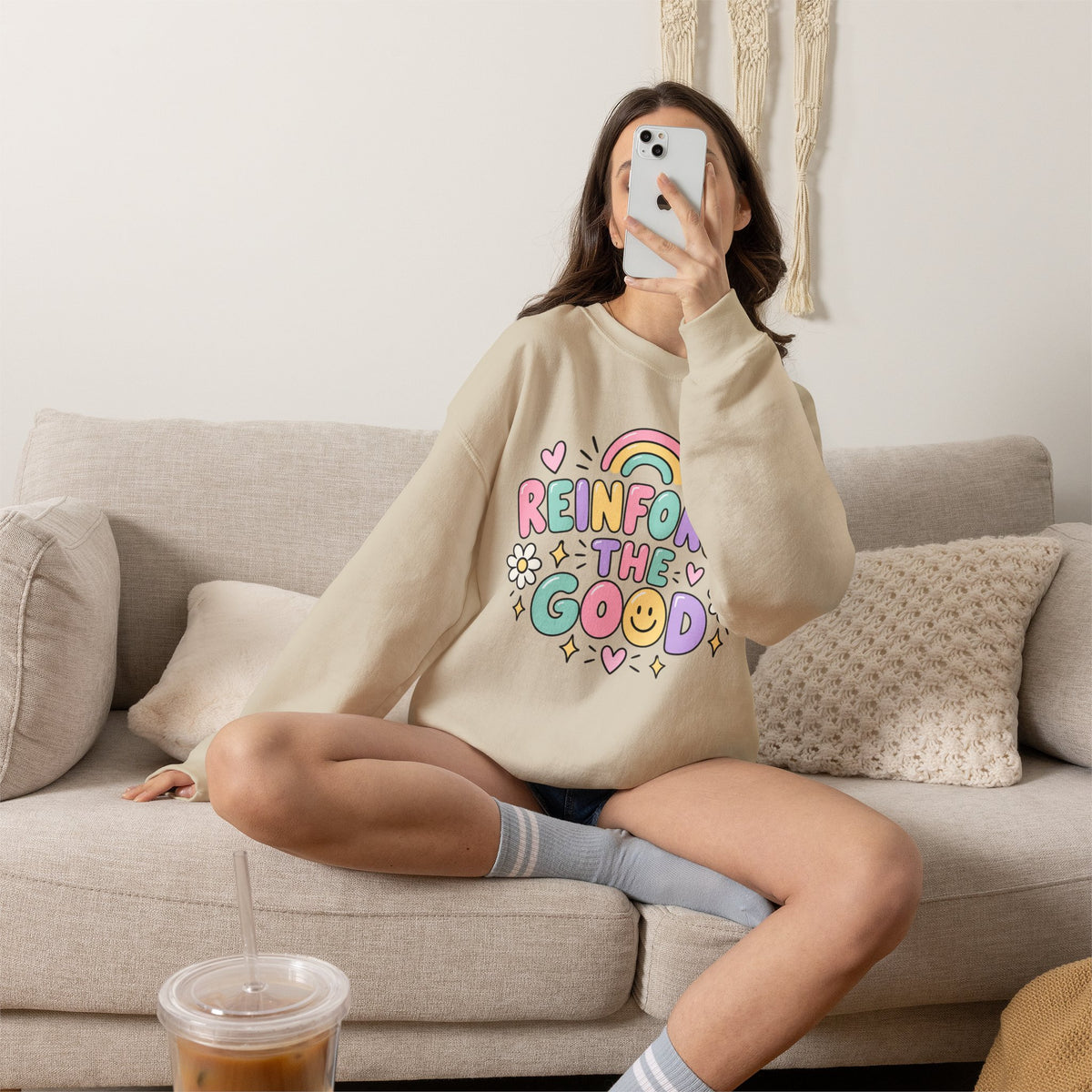 Reinforce the Good Crewneck | Rainbow Heart Daisy Positive Message Sweatshirt