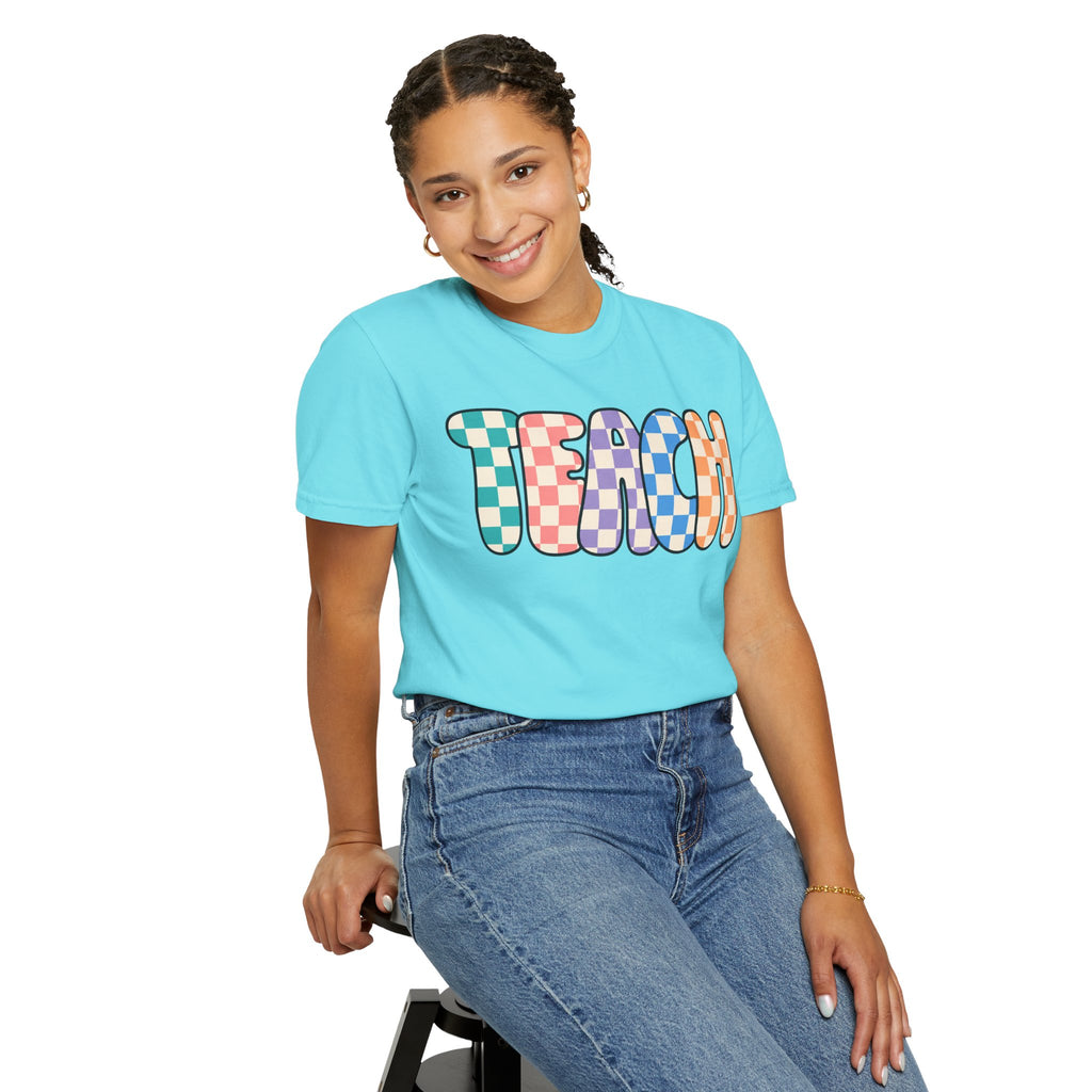 Teach Bubble Letters Checkerboard T-Shirt | Colorful Retro School Tee