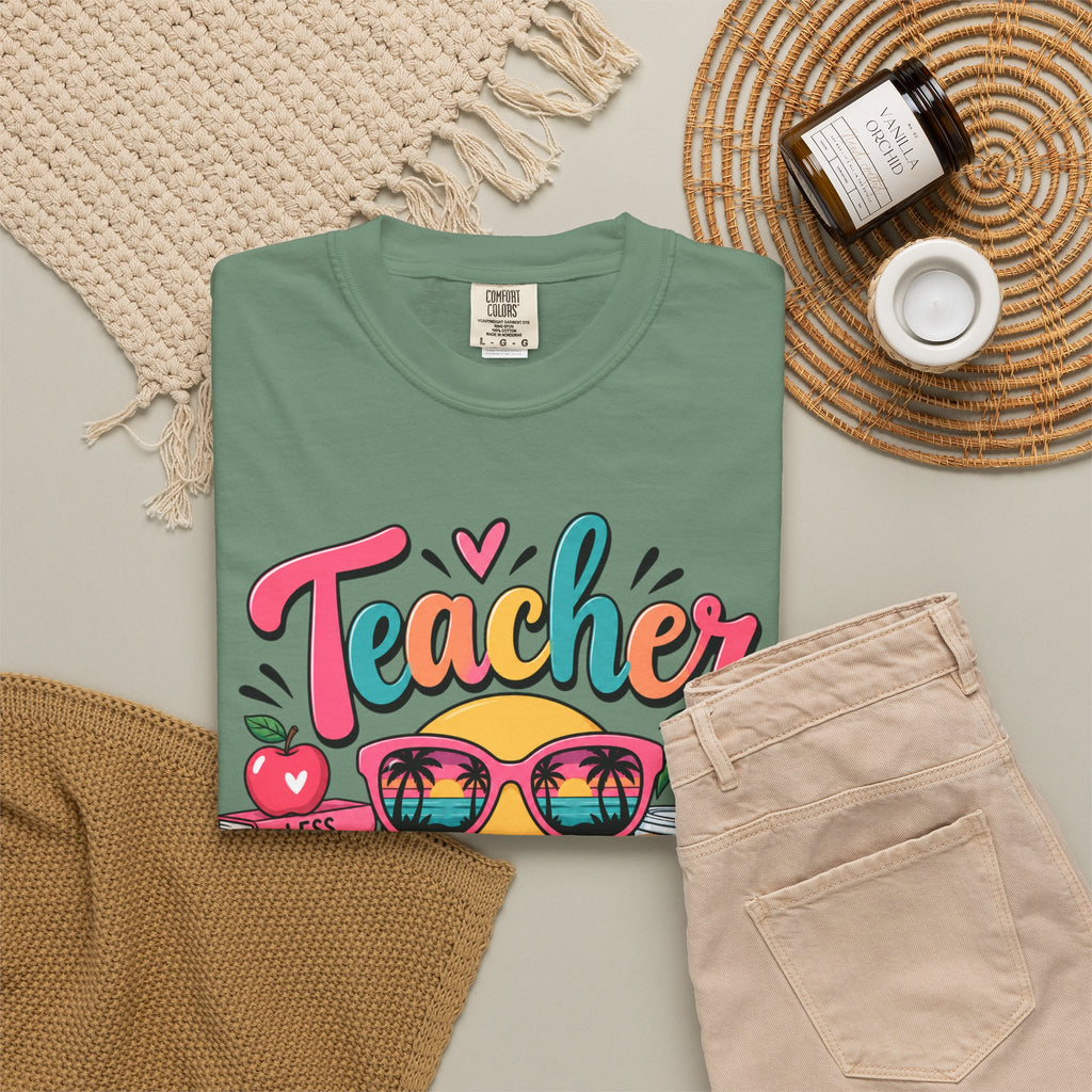 Teacher Off Duty T-shirt | Smiley Sunglasses, Books, Palm Trees, Coffee