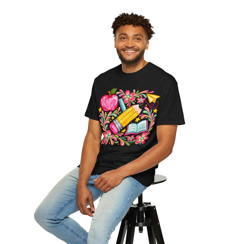 School Supplies Pencil Apple Floral T-shirt | Teacher Student Back to School
