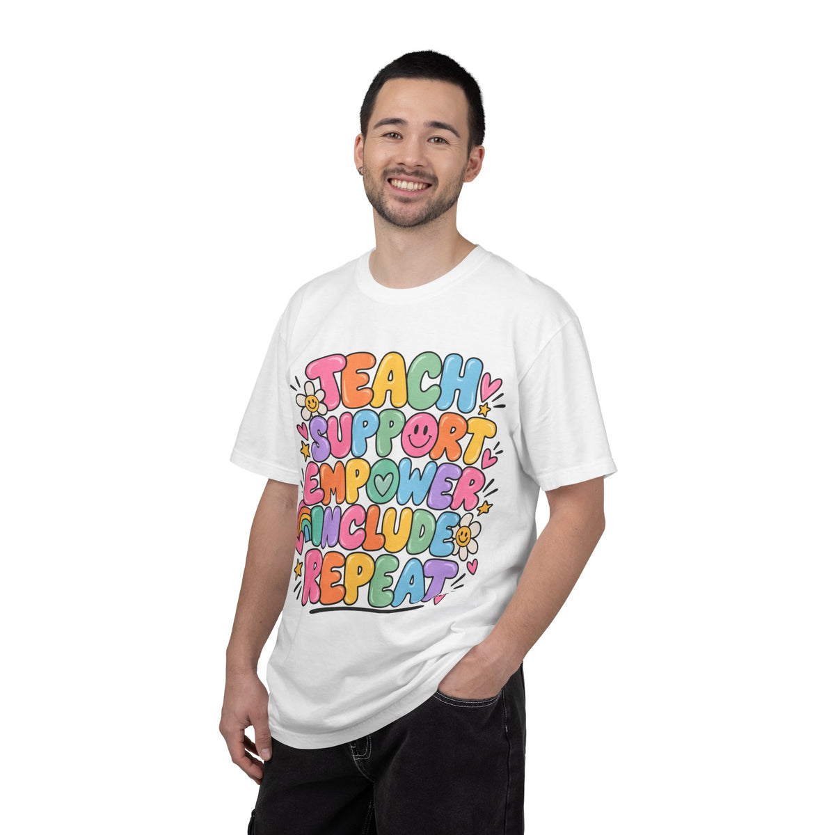 Teach Support Empower Include Repeat T-shirt | Rainbow Positivity Tee