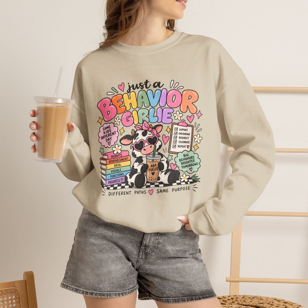 Just a Behavior Girl Crewneck Sweatshirt | Cute Cow Character, Books & Therapy Icons