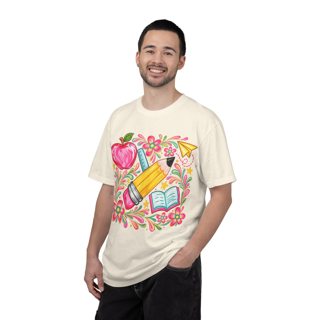 School Supplies Pencil Apple Floral T-shirt | Teacher Student Back to School